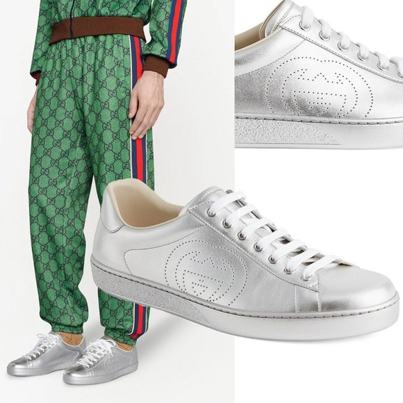 GUCCI SNEAKERS NEW ACE SILVER LEATHER INTERLOCKING G LOGO SHOES 7.5G 8 US - Picture 1 of 14